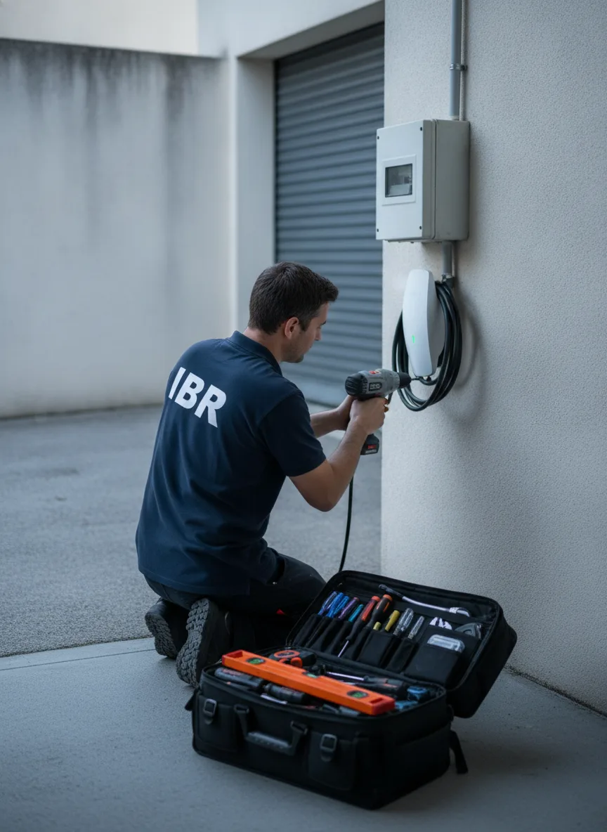 Pose d'une borne de recharge par un technicien IBR